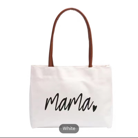 Handbags - NWOT Mama with Heart Tote Bag / Shoulder Bag Canvas White with Brown Handles